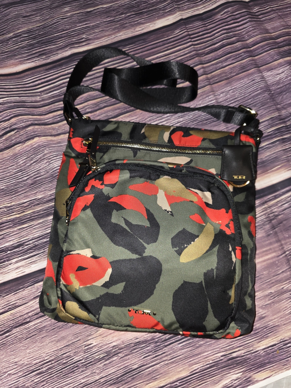 Tumi Women's Crossbody Bag in Green, Red, Black Camouflage Print